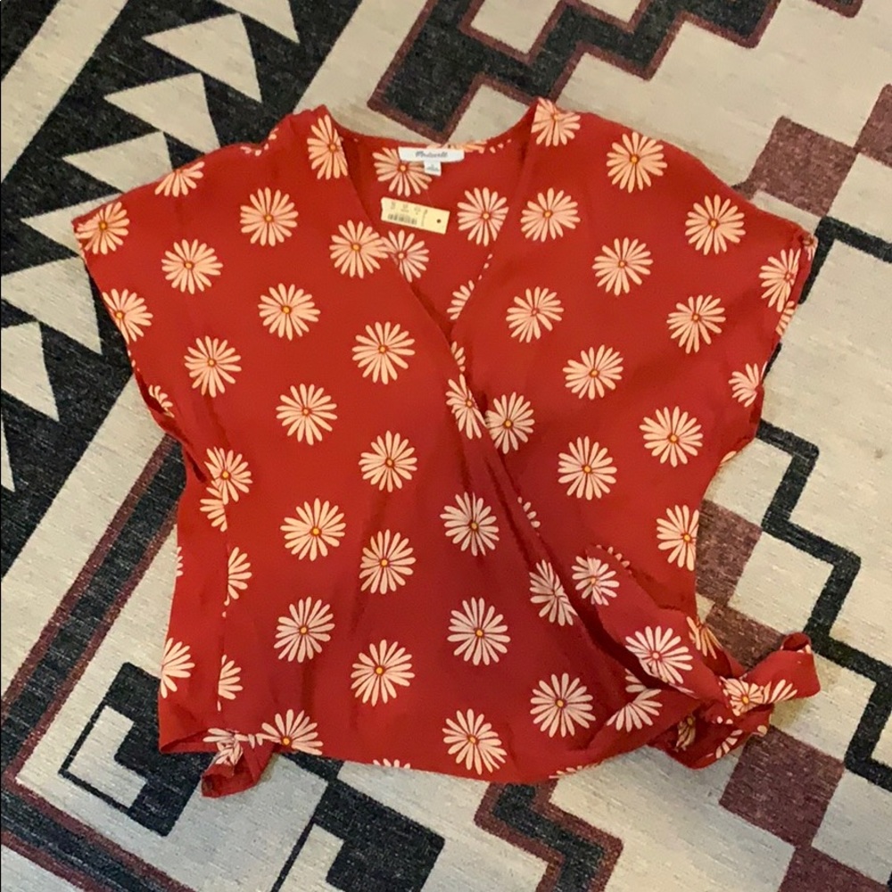 Madewell Wrap Top, red with flowers